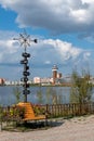 Travel to Yakutian city with lake in day. View on Saisary lake with beautiful stadion